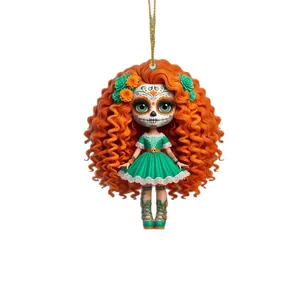 Décoration en bois de fille crâne en sucre Jour des Morts avec cheveux orange et robe verte