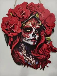 Close-up detail of Halloween wooden sign with sugar skull girl and vibrant red roses
