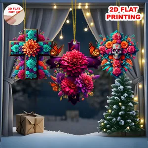 Flat 2D Day of the Dead cross and sugar skull flower ornaments for home window decor
