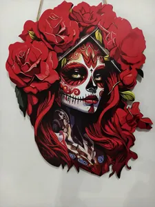 Front detail view of Halloween wooden hanging sign featuring a rose sugar skull woman.