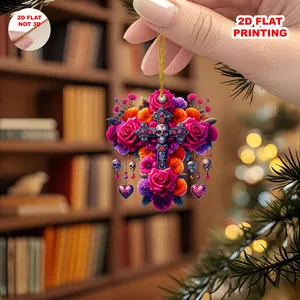 Detailed view of a Day of the Dead cross ornament with colorful floral sugar skull patterns