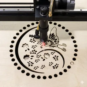 Macro detail of high-precision laser cutting process on wooden butterfly and floral ornament