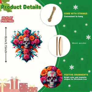 Detail of 2D flat wooden sugar skull ornament with floral design and size specs