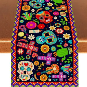 Colorful Day of the Dead table runner with Mexican sugar skull and guitar patterns