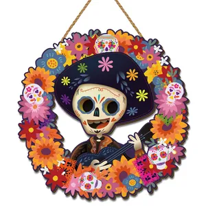 Day of the Dead wooden door sign featuring a smiling skull playing guitar with marigolds