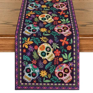 Mexikanischer Zuckerschädel Tischläufer Polyester Floral Tag der Toten Küche Esszimmer Party Bauernhaus Dekoration Couchtisch Decke