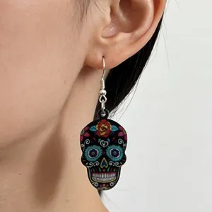 Detailed view of a colorful acrylic sugar skull earring for Halloween festival gifts