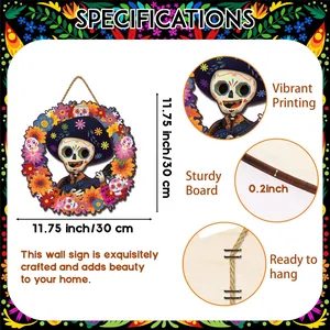 Day of the Dead 30cm wooden wall sign with vibrant sugar skull and flower printing.