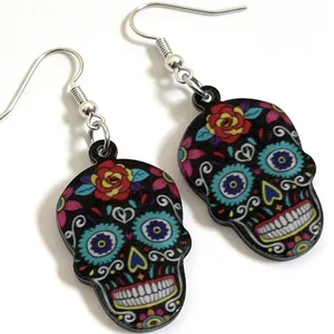 Vibrant Day of the Dead sugar skull acrylic drop earrings for Halloween jewelry gifts