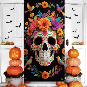 Vertical Day of the Dead door cover featuring a colorful sugar skull and marigolds