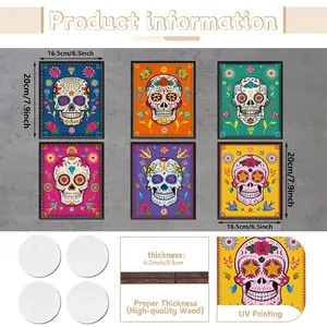 Dimensions and material detail of six-piece Day of the Dead sugar skull wooden wall art