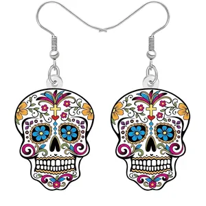 Vibrant Mexican sugar skull acrylic drop earrings, perfect for women's Halloween gifts.