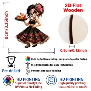 2D flat wooden sugar skull server ornament for Day of the Dead decoration, 8cm tall size