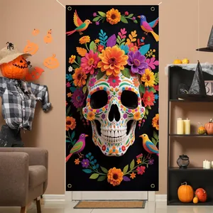 Day of the Dead door cover featuring a colorful sugar skull and marigold flowers for party decor