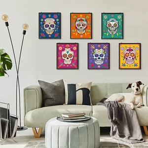 Six vibrant sugar skull wooden wall art pieces arranged neatly in a modern living room.