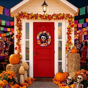 Detail view of a Day of the Dead wooden door wreath featuring a festive sugar skull and marigolds.