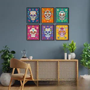 Set of six colorful Day of the Dead sugar skull wall art prints for living room decor.