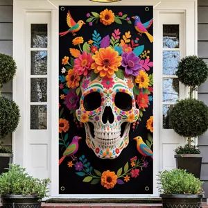 Colorful Day of the Dead sugar skull door banner with marigolds and birds decoration