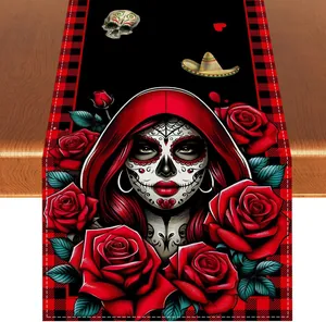 Totenkopf Tischläufer mit Frau im Sugar Skull Design und roten Rosen