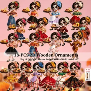 18-pcs sugar skull waiter 2D wooden ornaments for Day of the Dead decoration