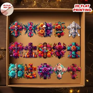 Vibrant 2D flat Day of the Dead crosses with flower sugar skull designs for home decor.