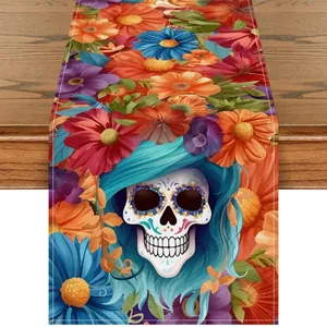 Linen Day Of The Dead Table Runner Mexican Sugar Skull Marigold Floral Printed Heat Resistant Table Decor For Dining Room