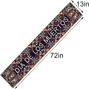 Day of the Dead table runner size guide 13x72 inches with colorful sugar skulls