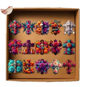 15-piece Day of the Dead cross stickers with colorful floral sugar skull designs