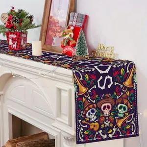 Detail view of Day of the Dead sugar skull table runner on white fireplace mantle