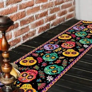 Vibrant Day of the Dead table runner featuring colorful sugar skull and floral patterns