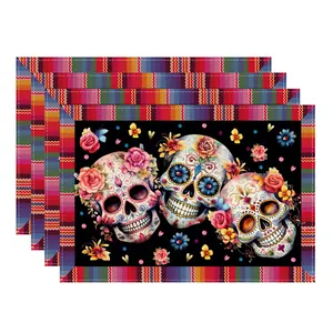 Linen placemats set with vibrant floral sugar skull design for table decor