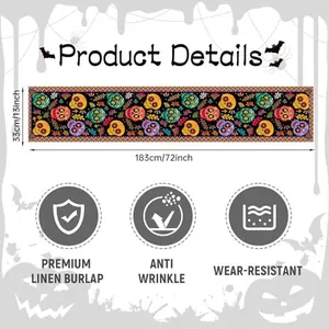 Detailed infographic of Day of the Dead sugar skull table runner with size and features