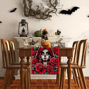 Vivid Day of the Dead sugar skull and red roses printed table runner for festive dining decor