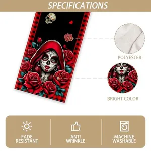 Detailed view of the Day of the Dead polyester table runner with rose sugar skull pattern