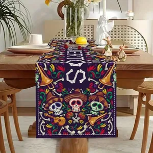 Day of the Dead sugar skull purple table runner with Muertos design for festive party decor