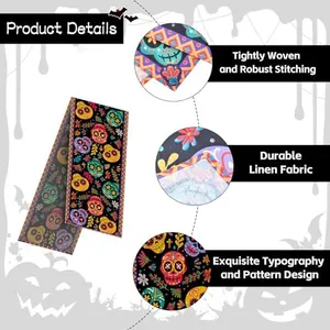 Detailed view of Day of the Dead table runner showing stitching, fabric and skull patterns