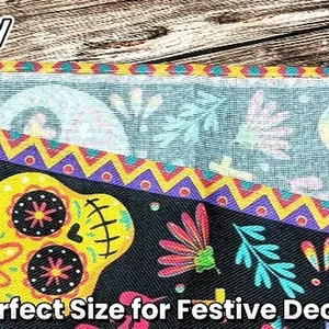 Close-up of colorful sugar skull pattern on a Day of the Dead themed fabric table runner.