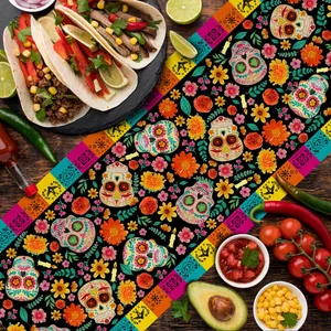 Festive Day of the Dead table runner featuring vibrant sugar skulls and marigold patterns