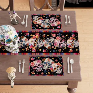 Vibrant sugar skull floral table runner and placemat set for festive dining decoration