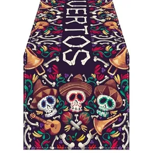 Festive Day of the Dead sugar skull table runner for holiday kitchen and party decor