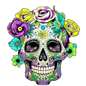 Festive Halloween colorful sugar skull wooden hanging plaque with floral rose decorations