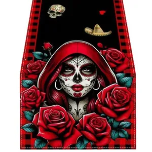 Day of the Dead table runner with sugar skull and red roses for farmhouse kitchen decor