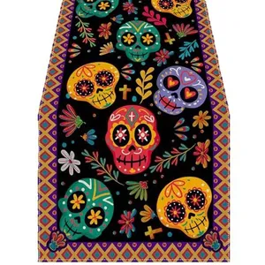 Colorful sugar skull table runner for Day of the Dead themed home party decorations