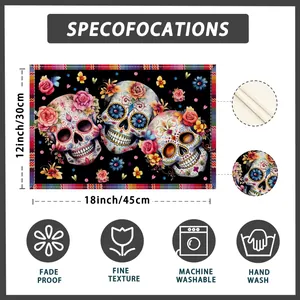 Sugar skull linen placemat, 18x12 inches, machine washable and fade resistant fabric