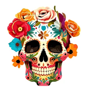 Targa in legno con teschio di zucchero e fiori vivaci per decorazioni Halloween