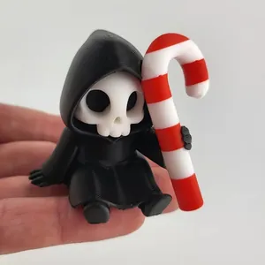 Adorable figura de esqueleto de la Parca impresa en 3D con bastón de caramelo para Halloween