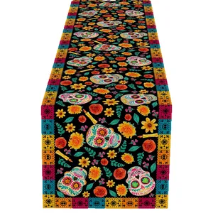 Vibrant Mexican Sugar Skull Day of the Dead table runner with colorful floral pattern design