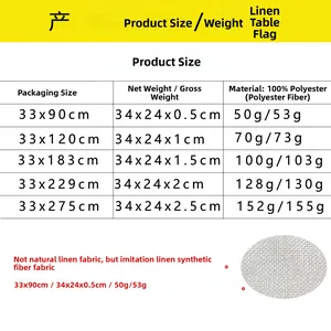 Comprehensive size chart and material specifications for printed polyester table runners
