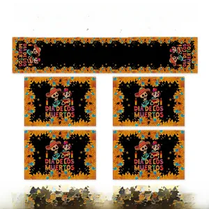Dia de los Muertos themed table runner and placemat set for festive kitchen decoration.