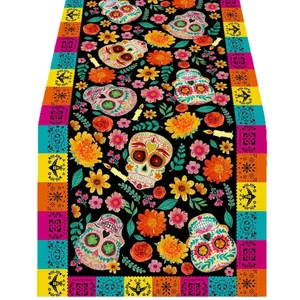 Day of the Dead table runner with colorful sugar skulls and marigold floral patterns